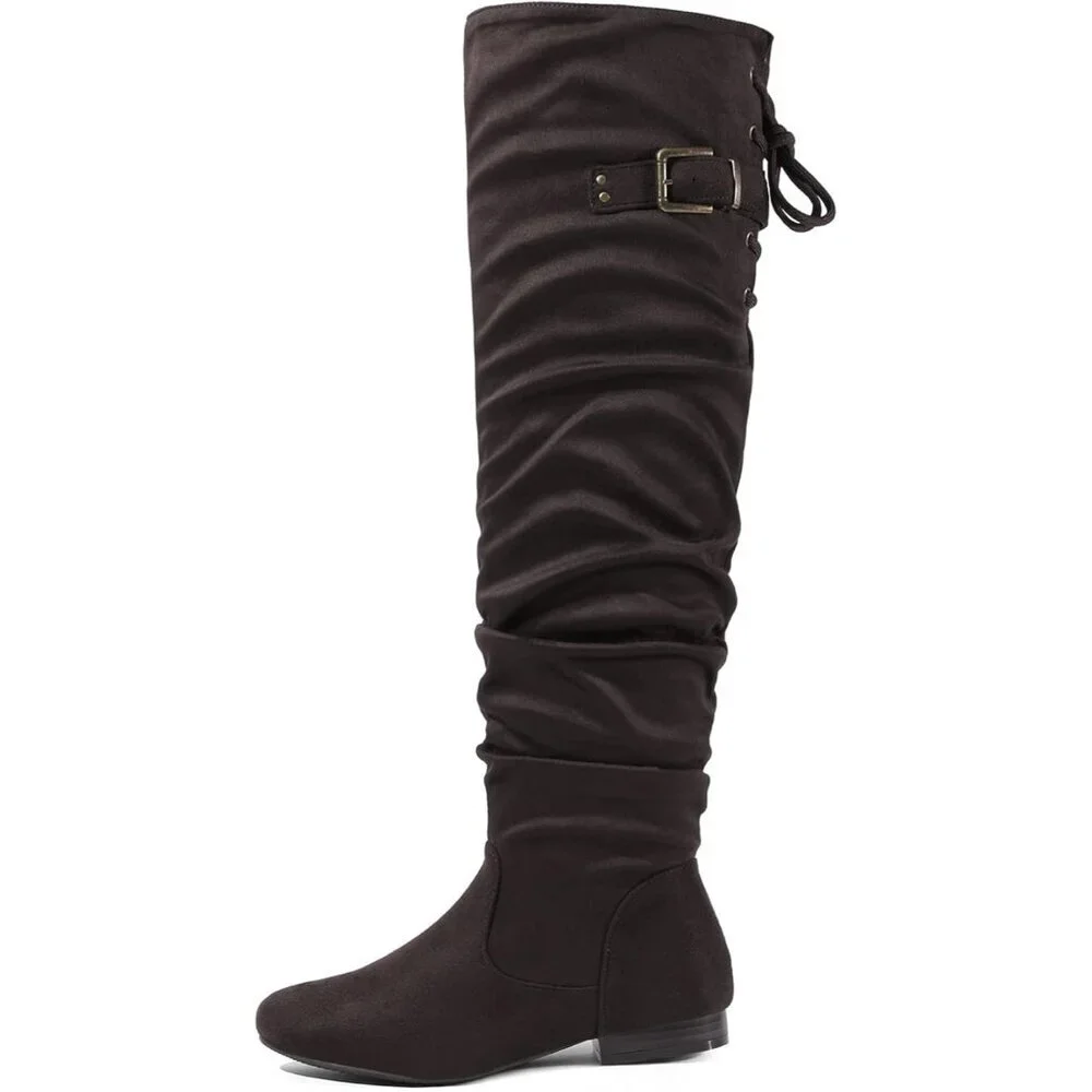 Women's Brown Suede Over The Knee Thigh High Comfortable Low Heel Winter Boots